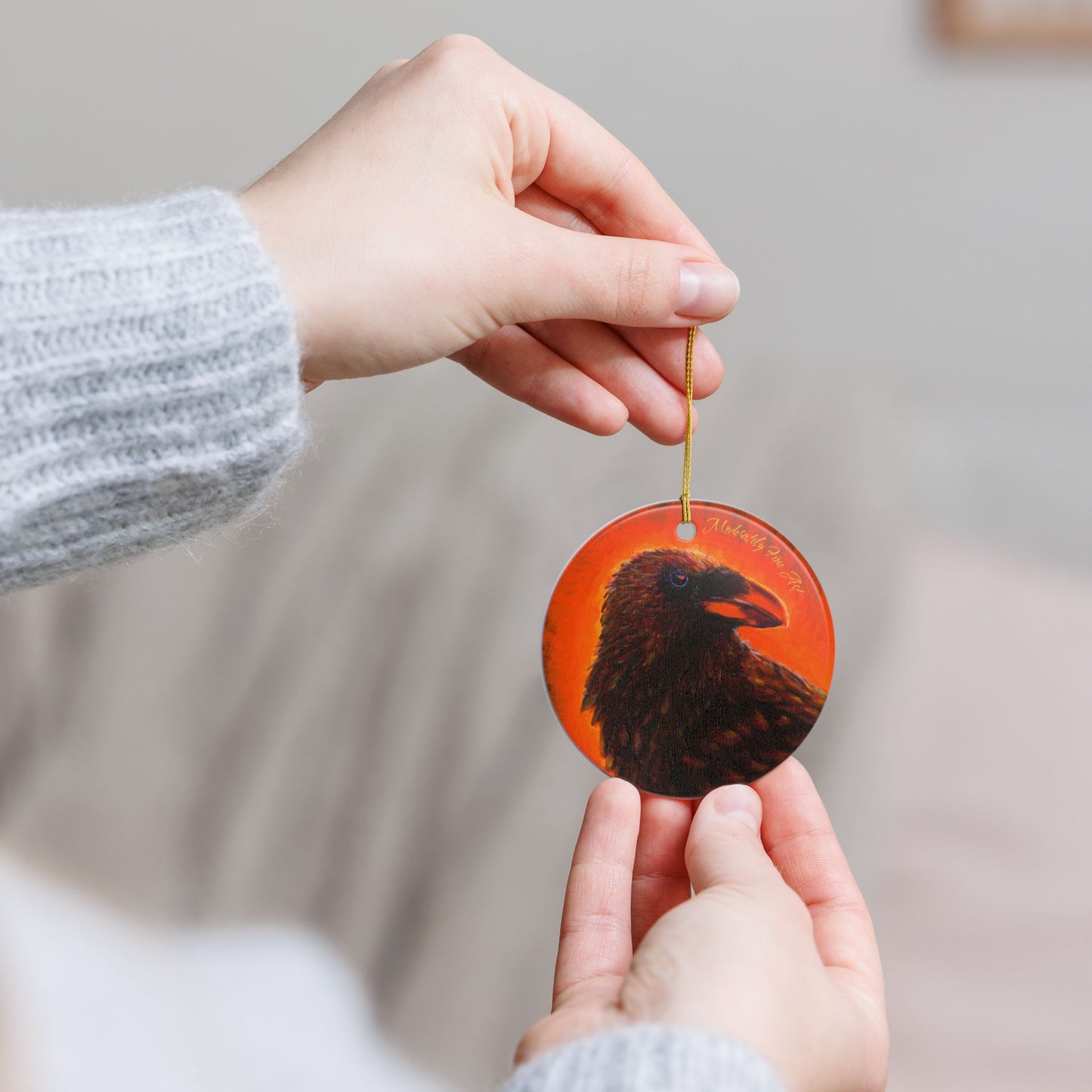 Ceramic Ornament - Vibrant Orange Crow from Andy Carlson's Murder Series, 2-Side Print