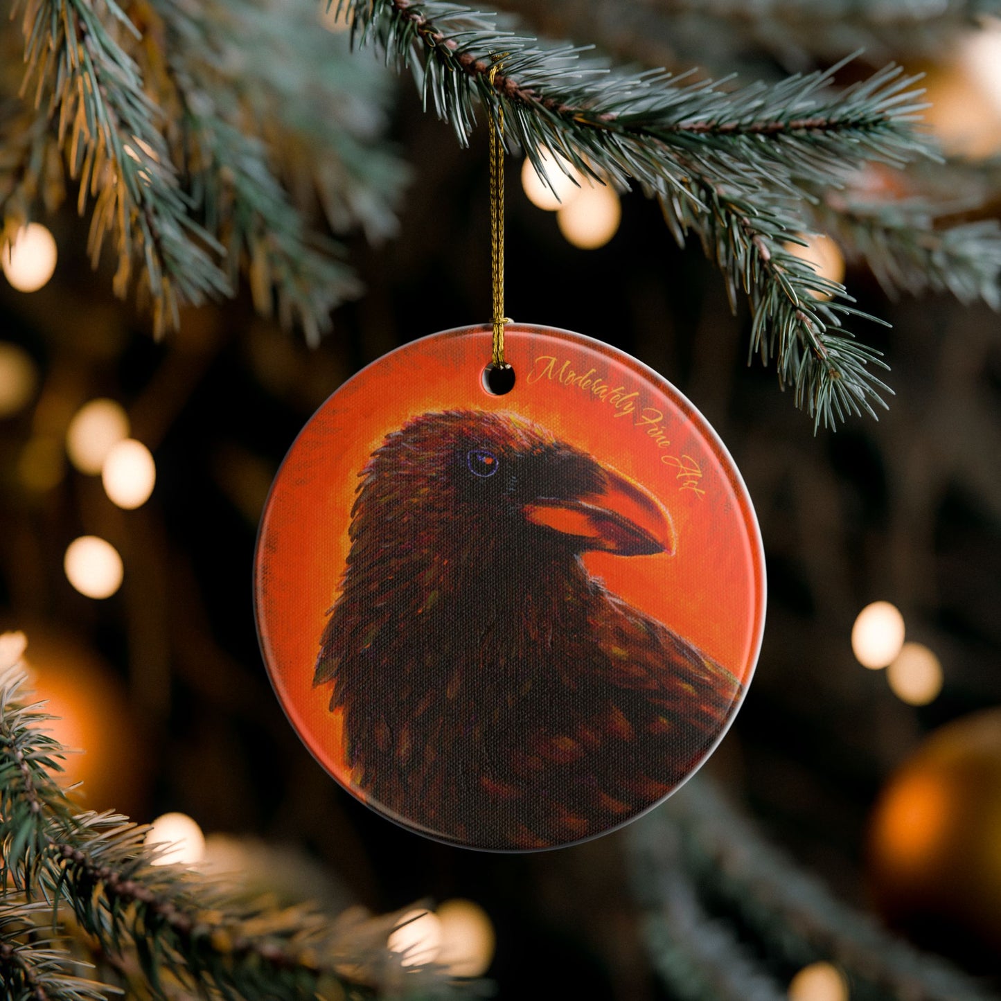 Ceramic Ornament - Vibrant Orange Crow from Andy Carlson's Murder Series, 2-Side Print