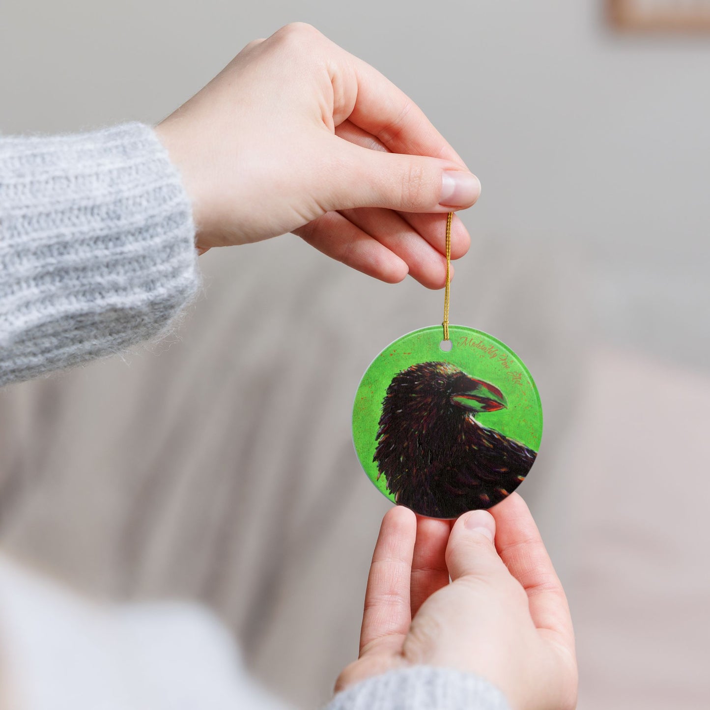 Ceramic Ornament Green Crow- Murder Series Holiday Decor