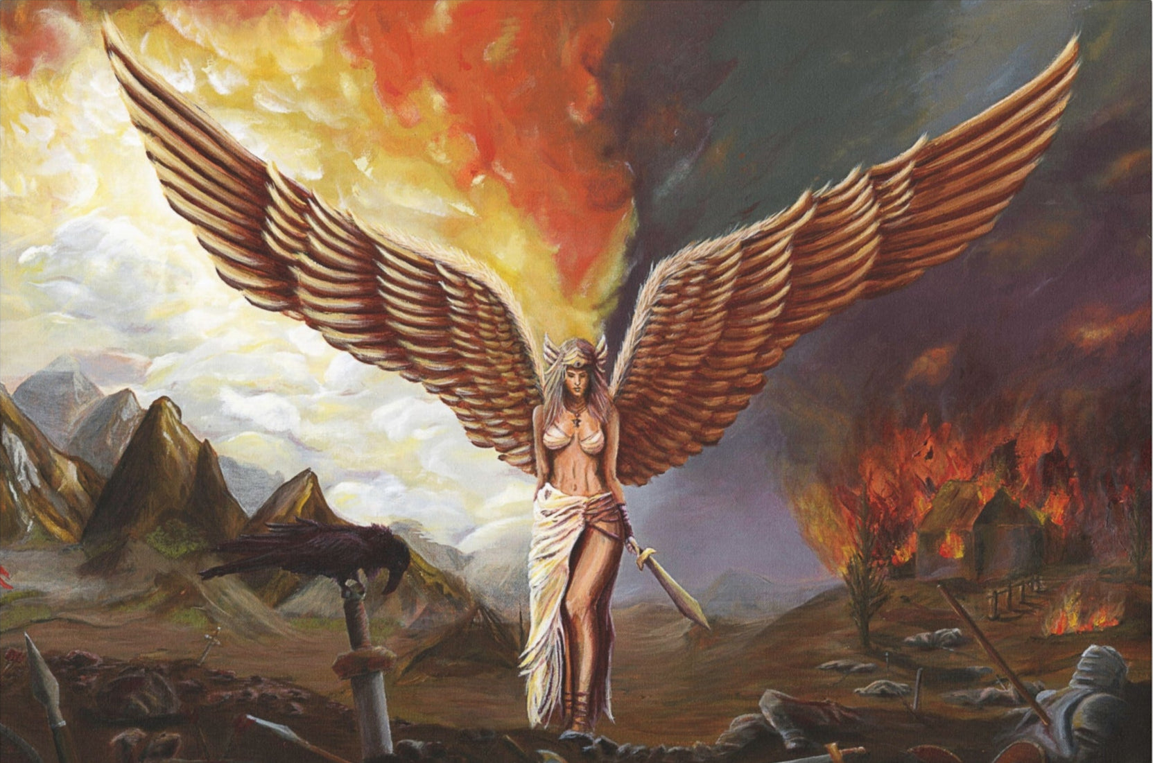 Painting of a winged figure standing amidst destruction with flames and ruins in the background.