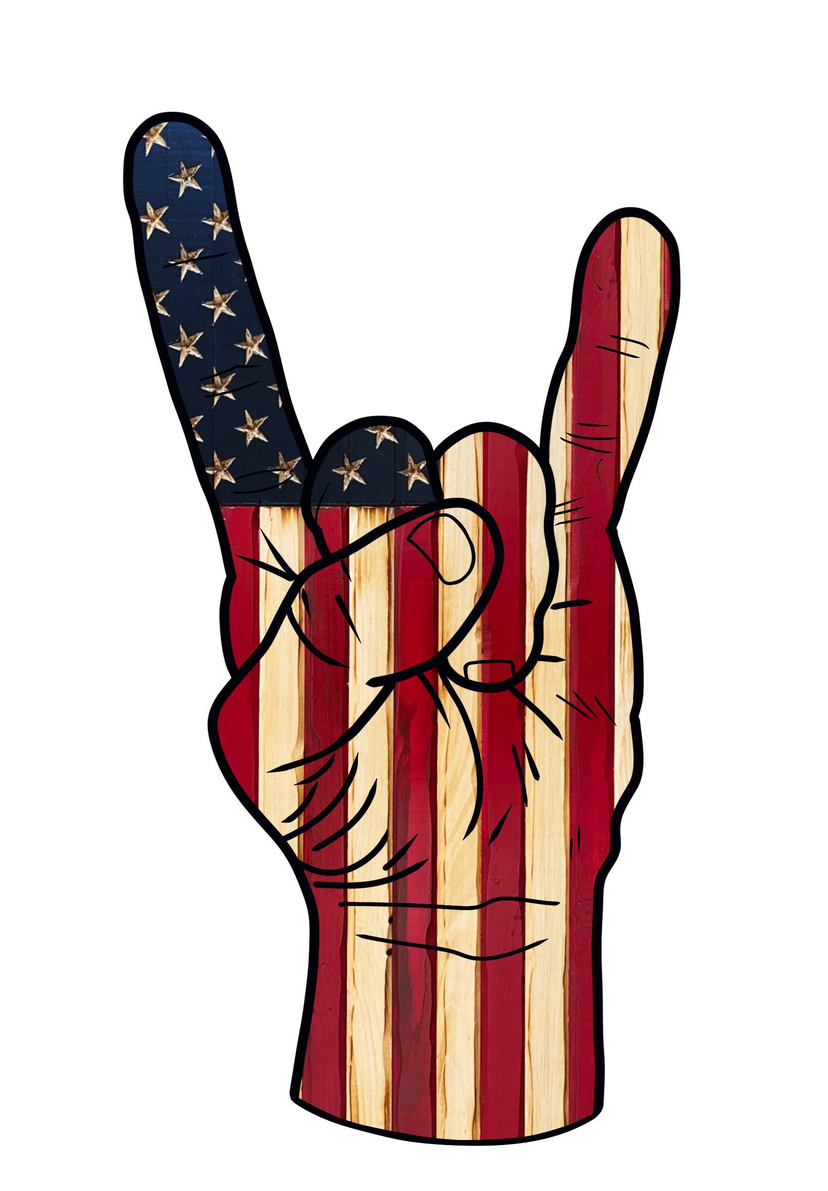 Hand making a metal sign with American flag design on a white background