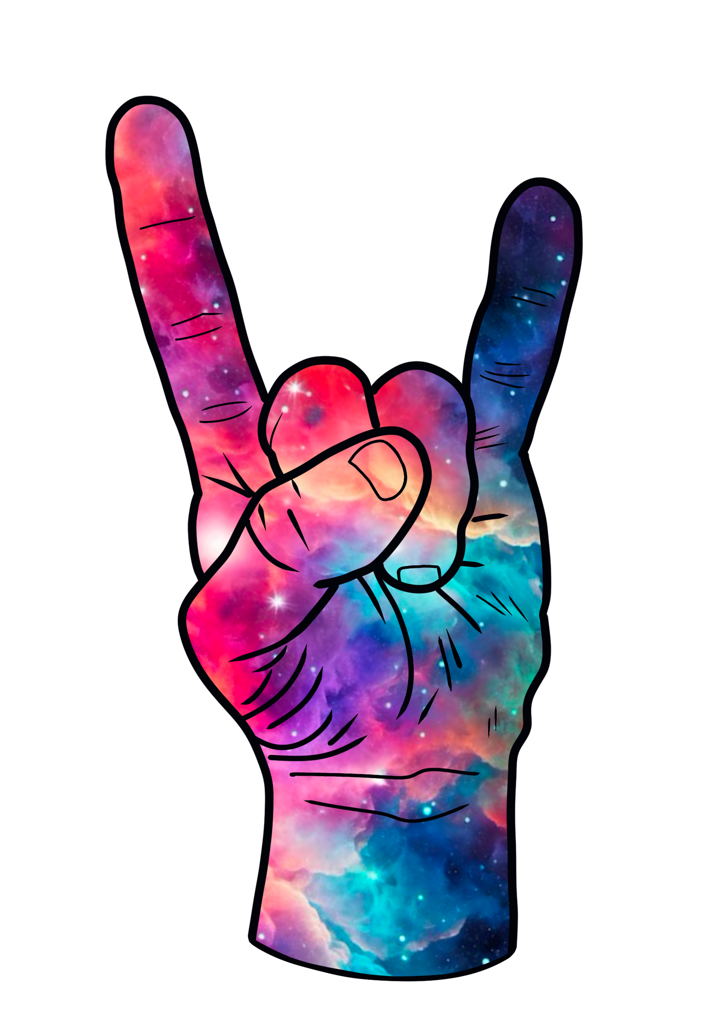 Colorful galaxy-themed hand making a metal sign on a white background