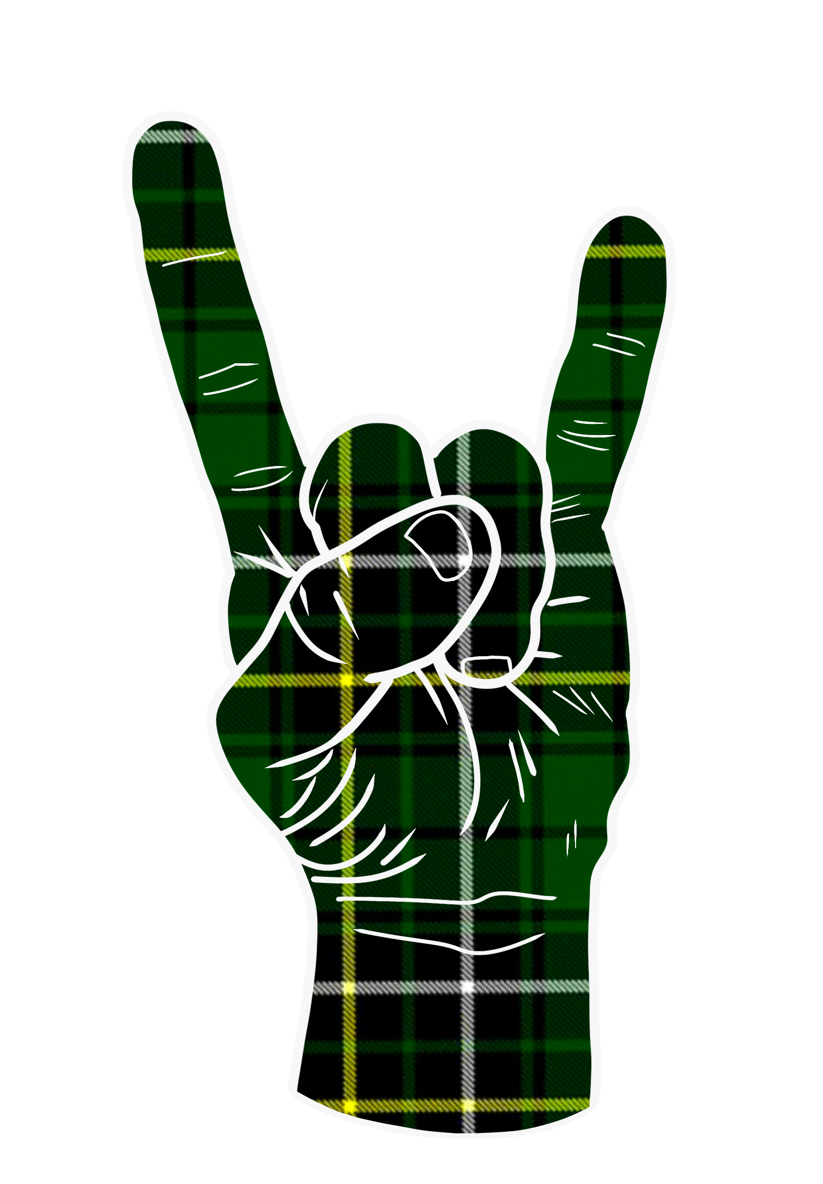 Hand making a metal sign with green and black plaid pattern on a white background