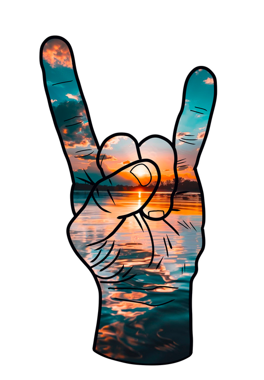 Hand making a metal sign with a sunset over water background