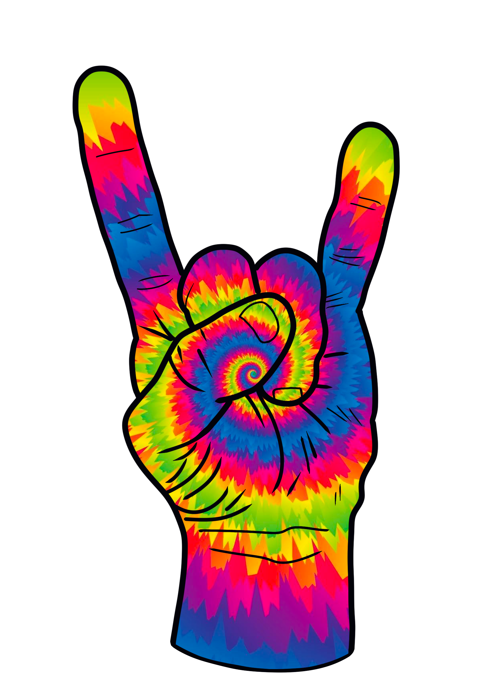 Tie-dye hand making a metal sign with a spiral design on a white background