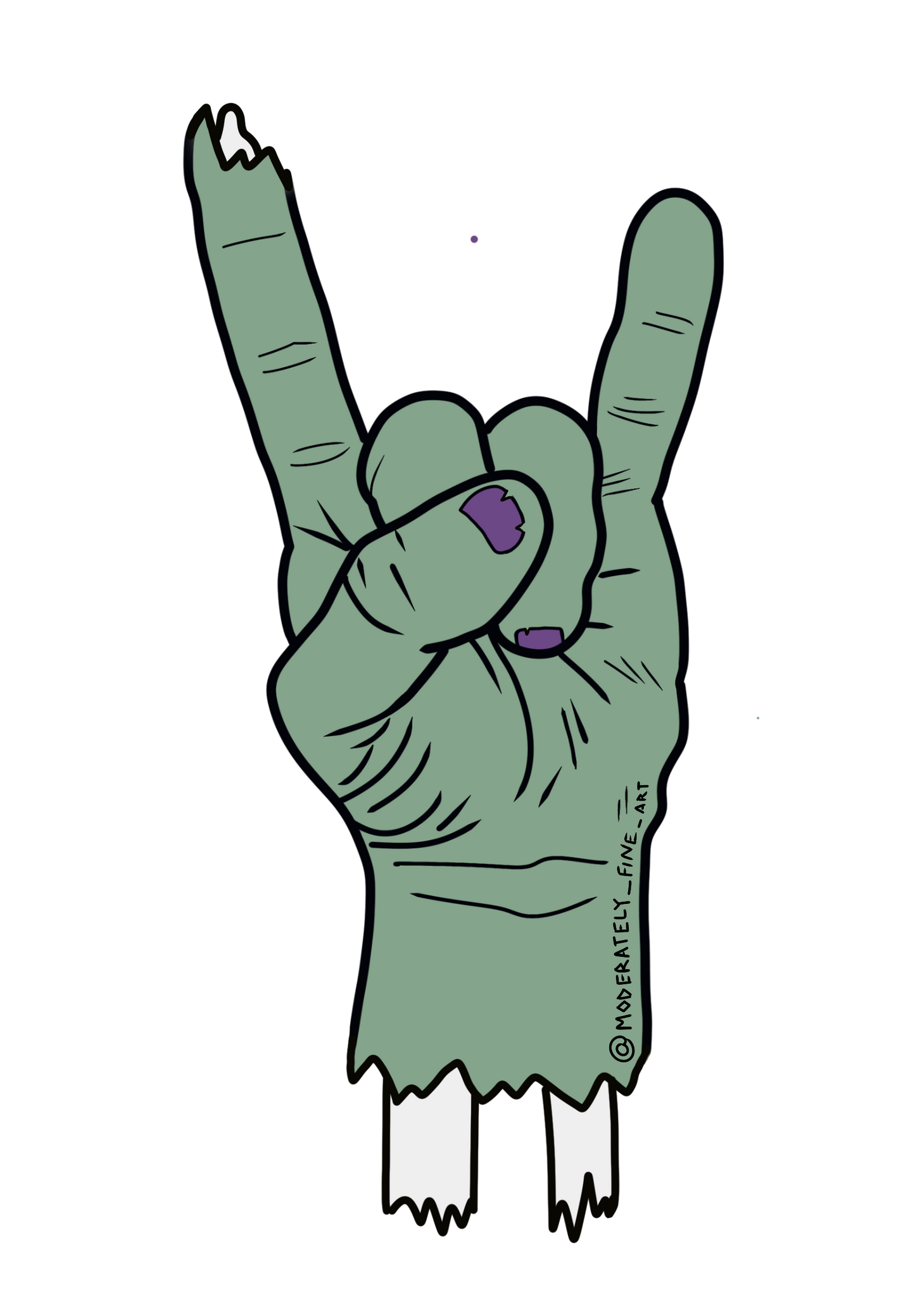 Cartoon zombie hand making a metal sign with a purple mark on a white background