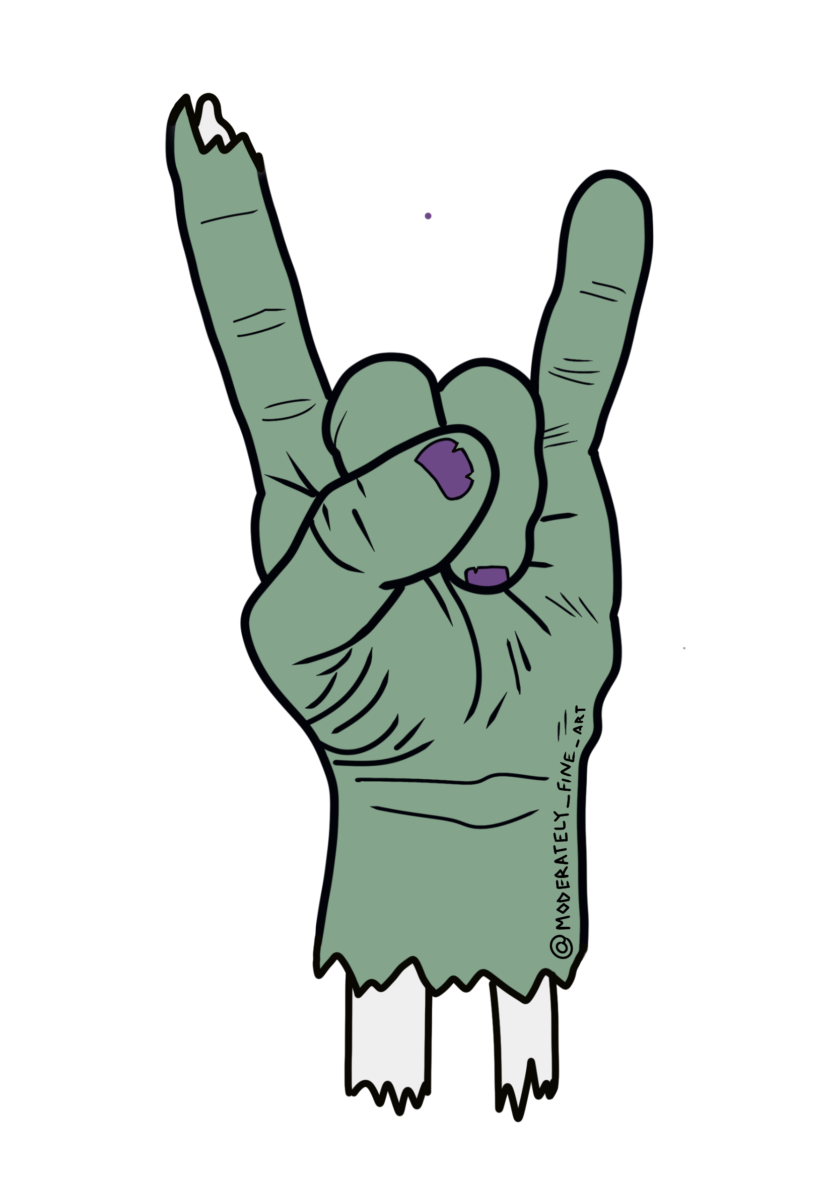 Cartoon zombie hand making a metal sign with a purple mark on a white background