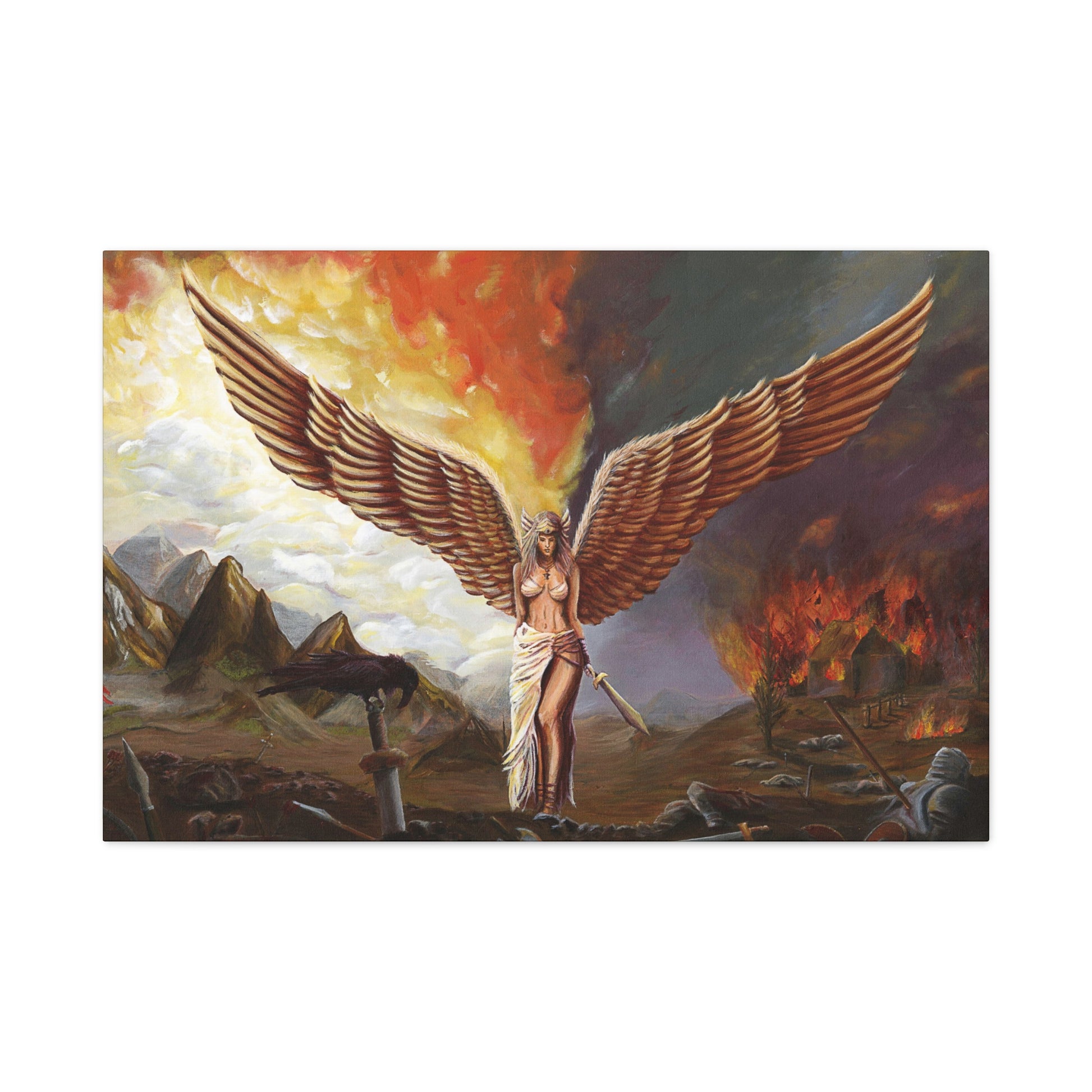 Painting of a winged figure standing amidst destruction with flames and ruins in the background.