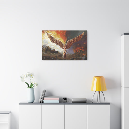Decorative painting of an angel on a wall above a white cabinet with a yellow lamp and vase.