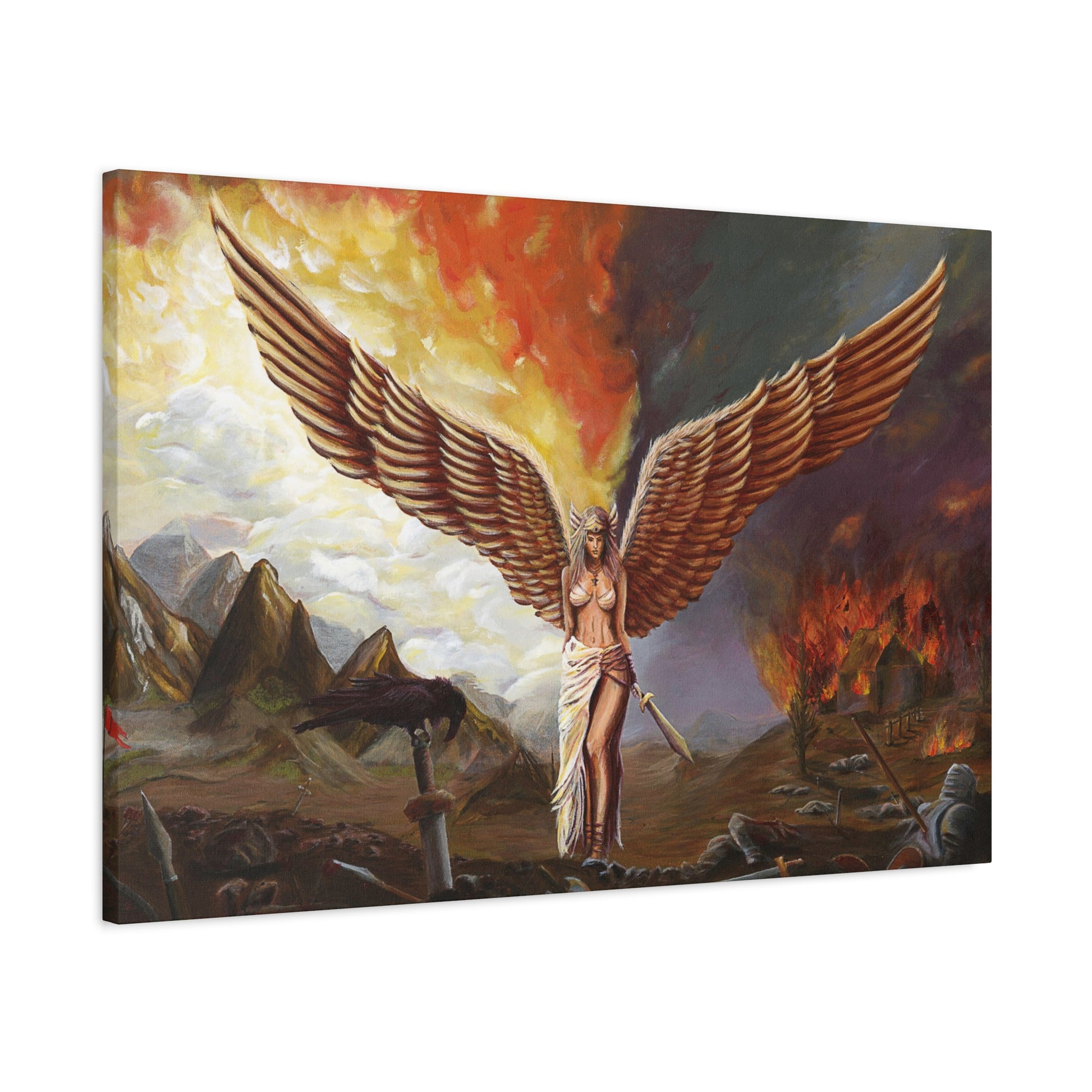 Canvas print of an angelic figure with wings in a dramatic landscape with fire and mountains.
