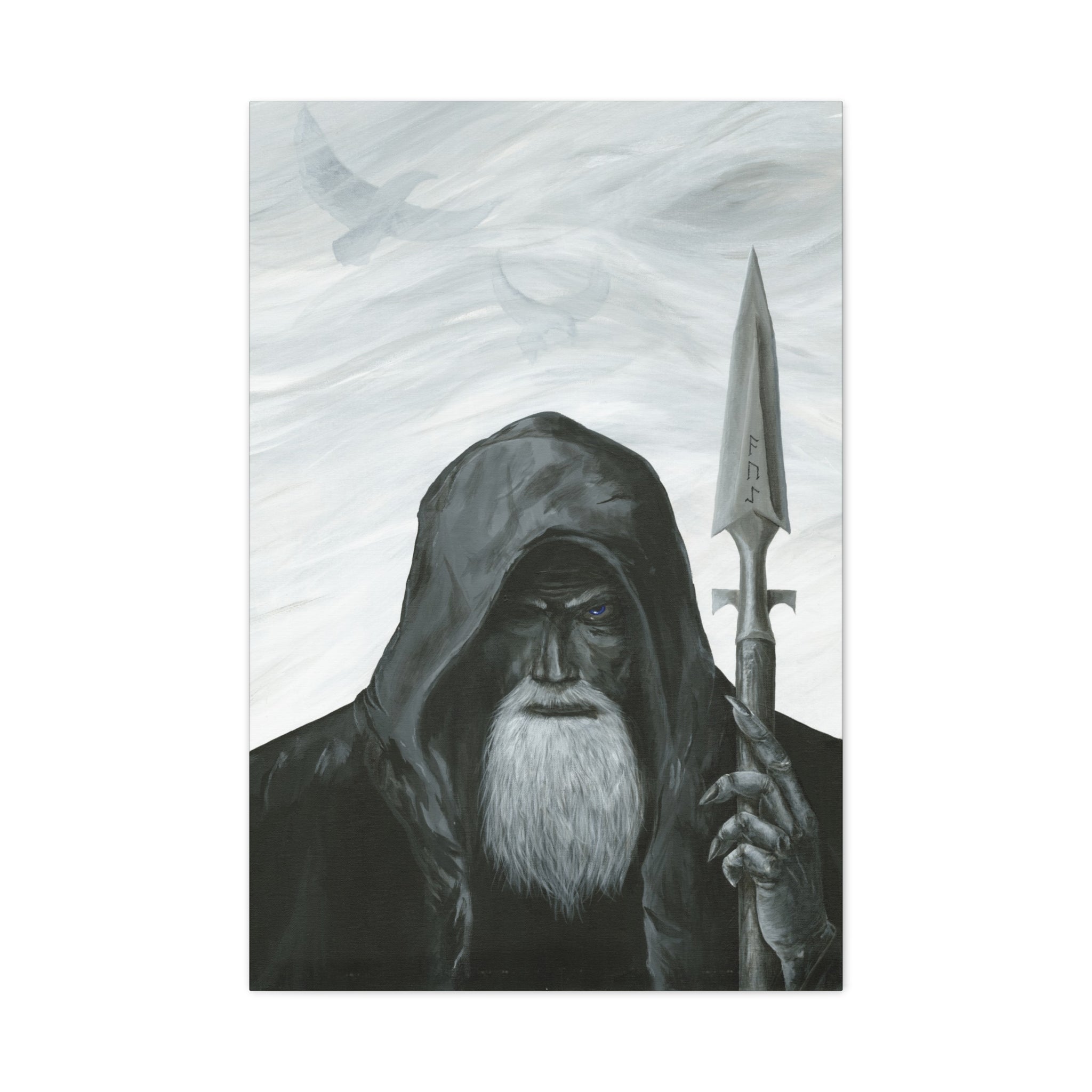 Dark hooded figure holding a spear against a cloudy sky background