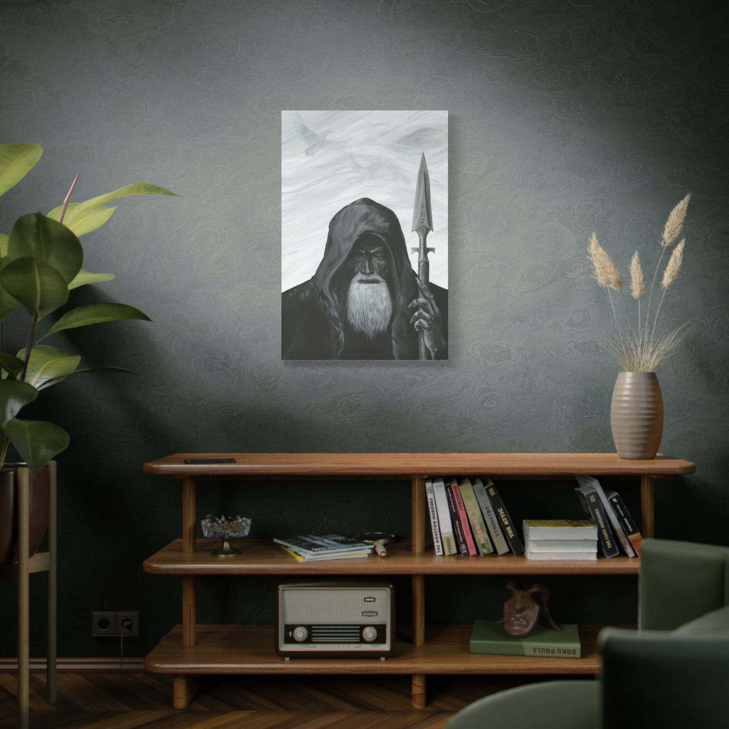 Room interior with a painting of a hooded figure on the wall, a wooden shelf with books and decor, and a plant.