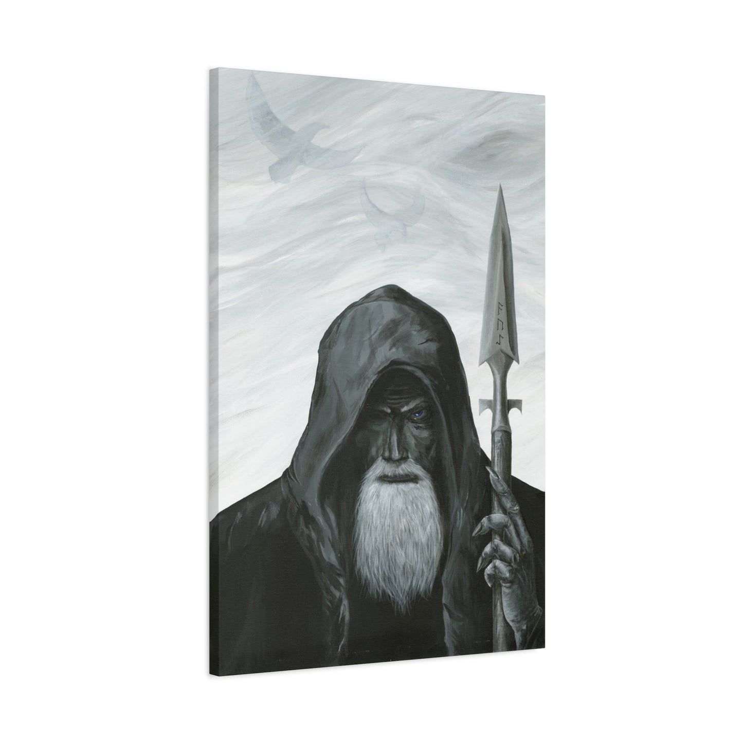 Canvas print of a hooded figure holding a sword against a marble background