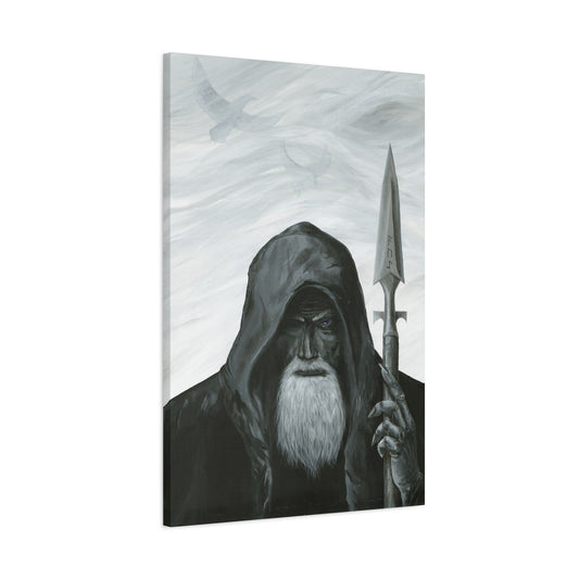 Canvas print of a hooded figure holding a sword against a marble background