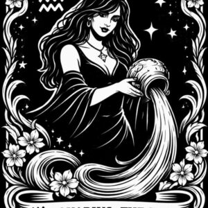 Aquarius, The Star: tarot zodiac design of a dark-haired woman pouring water from a jar under the stars, black and white linework