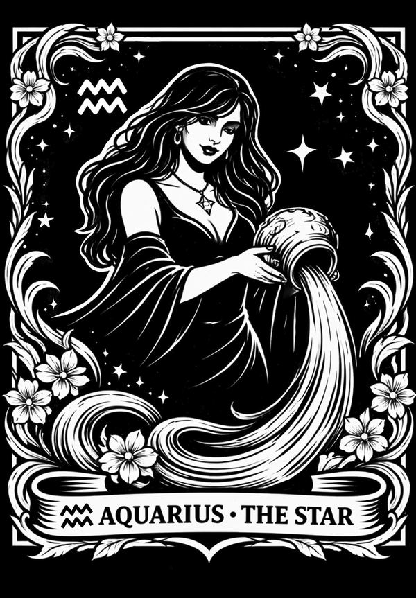 Aquarius, The Star: tarot zodiac design of a dark-haired woman pouring water from a jar under the stars, black and white linework