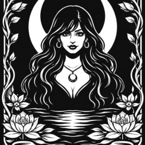 Cancer, The Moon: tarot zodiac design of a woman rising from water in front of a crescent moon, black and white linework