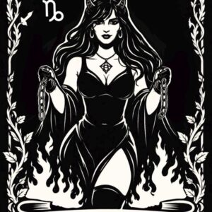 Capricorn, The Devil: tarot zodiac design of a horned woman holding broken chains above flames, black and white linework