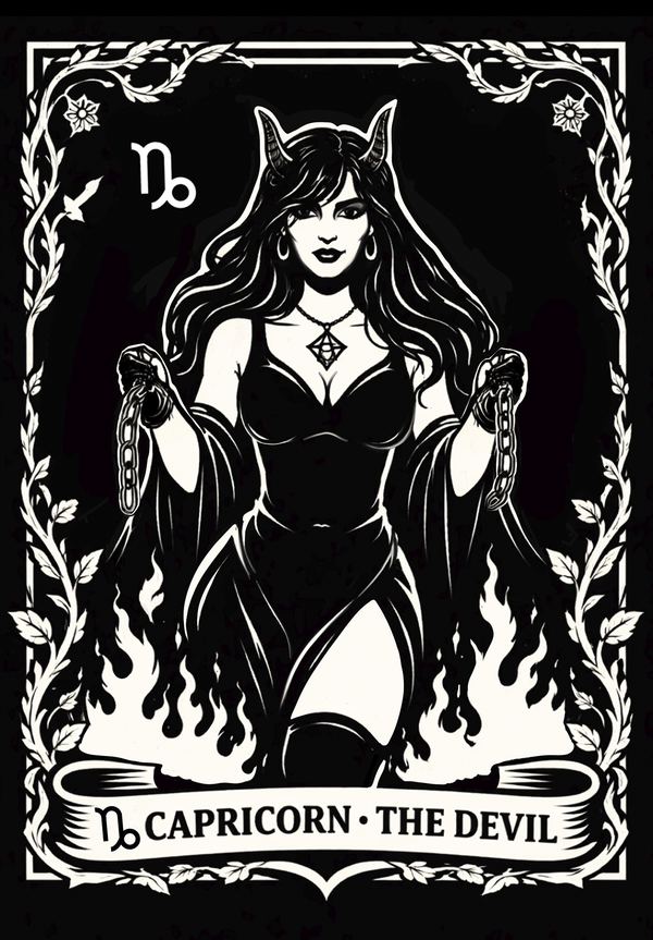 Capricorn, The Devil: tarot zodiac design of a horned woman holding broken chains above flames, black and white linework