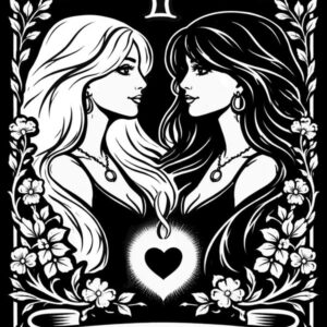 Gemini, The Lovers: tarot zodiac design of a light-haired and a dark-haired woman face to face above a glowing heart, black and white linework