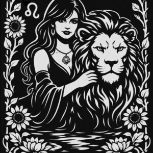 Leo, Strength: tarot zodiac design of a woman resting her hand on a lion's mane, surrounded by sunflowers, black and white linework