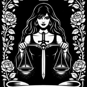 Libra, Justice: tarot zodiac design of a woman holding balanced scales with a sword, framed by roses, black and white linework