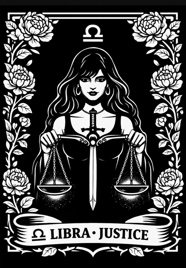 Libra, Justice: tarot zodiac design of a woman holding balanced scales with a sword, framed by roses, black and white linework
