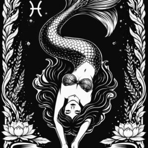 Pisces, Hanged Man: tarot zodiac design of an upside-down mermaid with flowing dark hair, black and white linework