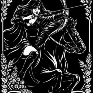Sagittarius, Archer: tarot zodiac design of a woman on horseback drawing a bow, black and white linework
