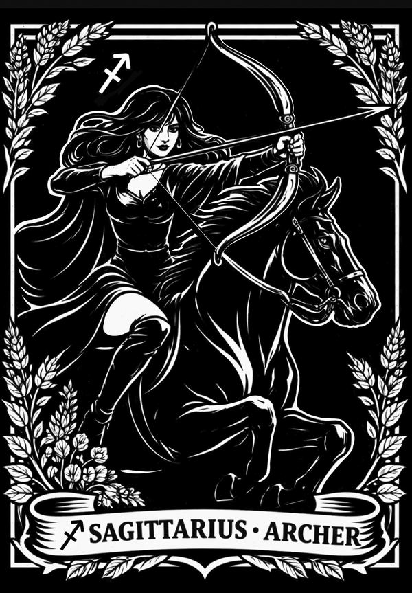Sagittarius, Archer: tarot zodiac design of a woman on horseback drawing a bow, black and white linework