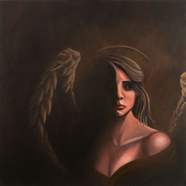 Solar, acrylic painting by Andy Carlson: a winged woman with a faint halo, half her face lit and half in shadow, against a dark brown background