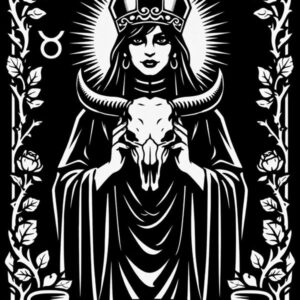 Taurus, The Hierophant: tarot zodiac design of a robed woman in a mitre holding a bull skull, black and white linework