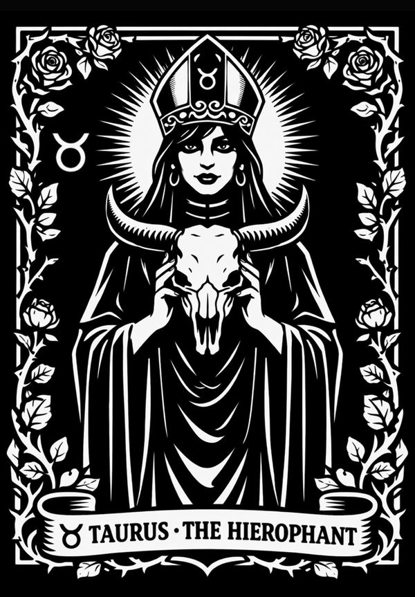 Taurus, The Hierophant: tarot zodiac design of a robed woman in a mitre holding a bull skull, black and white linework