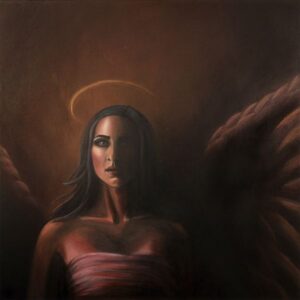Terra, acrylic painting by Andy Carlson: a dark-haired winged woman with a glowing halo, half her face in shadow, against a deep rust-brown background