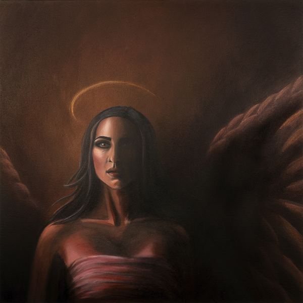 Terra, acrylic painting by Andy Carlson: a dark-haired winged woman with a glowing halo, half her face in shadow, against a deep rust-brown background