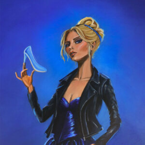 After Midnight, acrylic painting by Andy Carlson: a grown-up Cinderella in a black leather jacket and blue gown holding up a glass slipper against a deep blue background