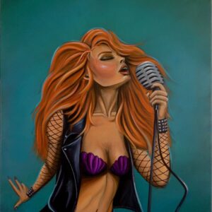 Found My Voice, acrylic painting by Andy Carlson: a grown-up Ariel as a punk rock singer with flowing red hair, a leather vest, fishnet sleeves and a purple seashell top, belting into a vintage microphone against a teal background
