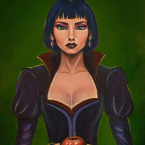 Just a Bite, acrylic painting by Andy Carlson: a grown-up Snow White with a sharp black bob staring straight at the viewer, holding a red apple, against a green background