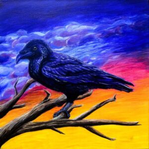 Last Light, acrylic painting by Andy Carlson: a raven perched on a bare branch against a sky shifting from deep blue clouds to pink and golden yellow