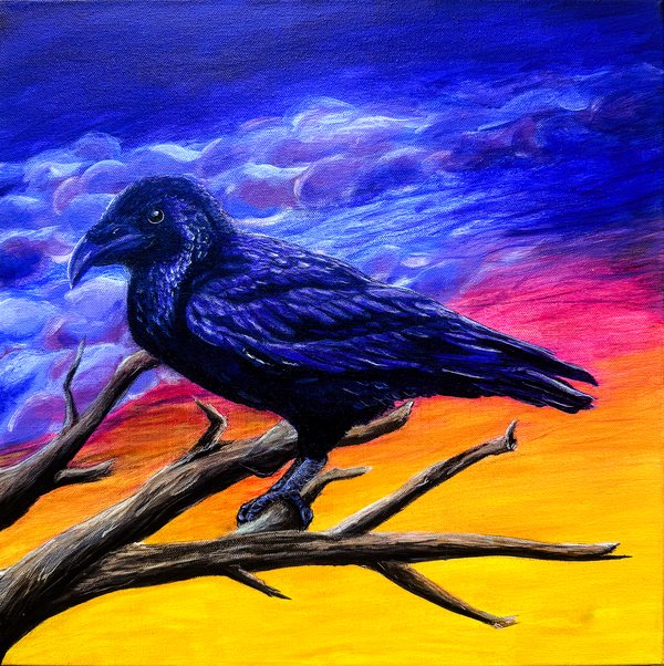 Last Light, acrylic painting by Andy Carlson: a raven perched on a bare branch against a sky shifting from deep blue clouds to pink and golden yellow