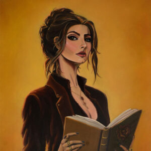 Read It Twice, acrylic painting by Andy Carlson: a grown-up Belle in a burgundy jacket holding an open book, looking at the viewer against a golden background