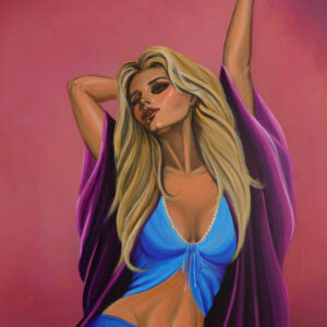 Sleeping In, acrylic painting by Andy Carlson: a grown-up Aurora with long blonde hair stretching awake in blue loungewear and a purple robe against a rose-pink background