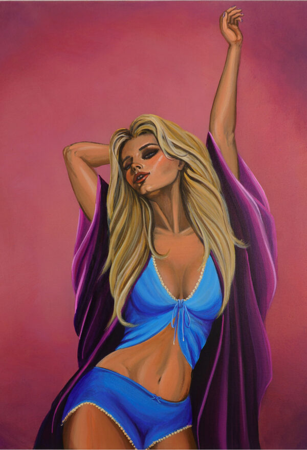 Sleeping In, acrylic painting by Andy Carlson: a grown-up Aurora with long blonde hair stretching awake in blue loungewear and a purple robe against a rose-pink background