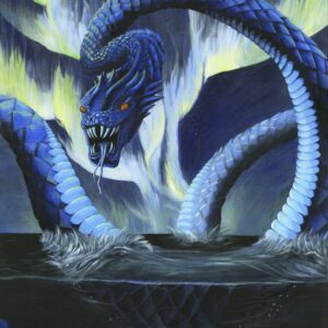 World Serpent, acrylic painting by Andy Carlson: the blue-scaled serpent Jörmungandr rising from dark water, fangs bared and orange eyes glowing, under green and white northern lights