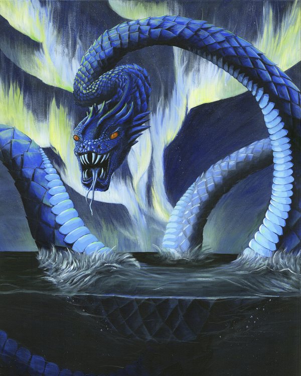 World Serpent, acrylic painting by Andy Carlson: the blue-scaled serpent Jörmungandr rising from dark water, fangs bared and orange eyes glowing, under green and white northern lights