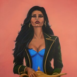 You Wish, acrylic painting by Andy Carlson: a woman with long black hair and gold hoop earrings, wearing a black blazer with gold piping over a blue corset, holding a golden lamp against a salmon background