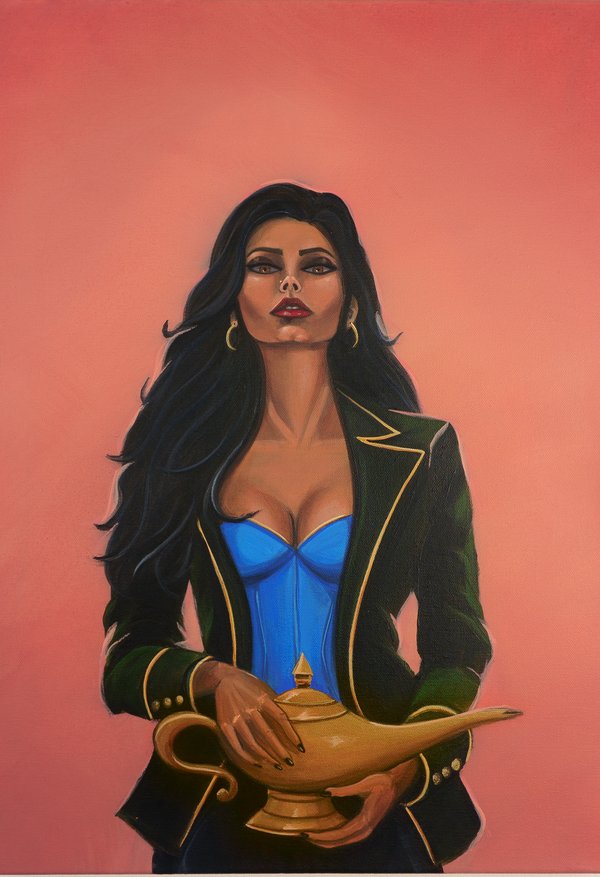 You Wish, acrylic painting by Andy Carlson: a woman with long black hair and gold hoop earrings, wearing a black blazer with gold piping over a blue corset, holding a golden lamp against a salmon background